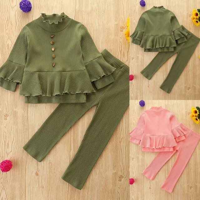 Top a maniche lunghe arricciate per bambine + pantaloni abiti a costine per bambini piccoli set di vestiti