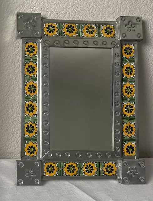 VTG Talavera Tile Arabesque Green Wall Mirror Punched Silver Tin Mexico 10.5"