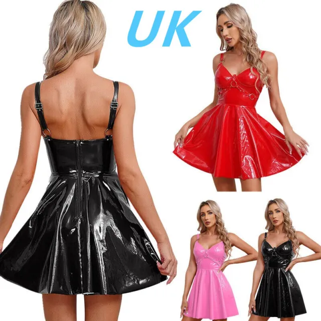 UK Womens Gothic PVC Leather Sleeveless Dress Sexy V Neck Mini Dress Clubwear