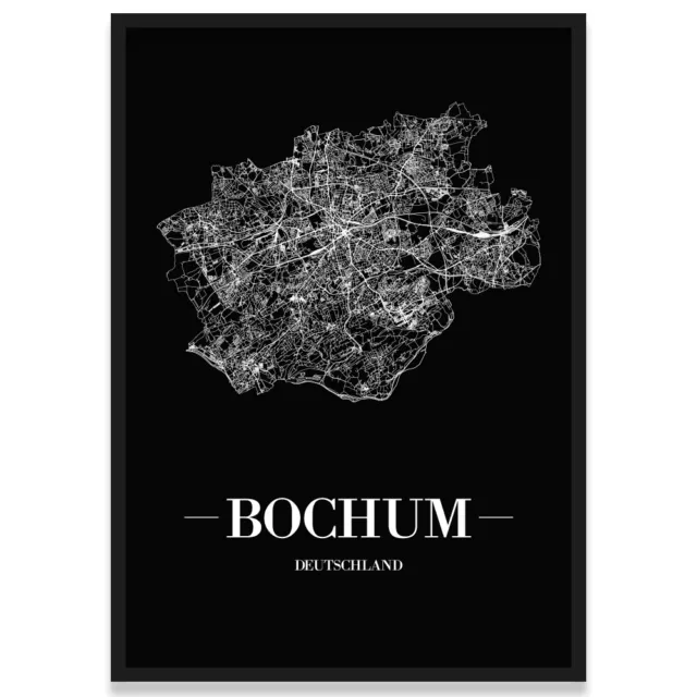 JUNIWORDS Stadtposter, Bochum, Schwarz, Kunstdruck Plan Map