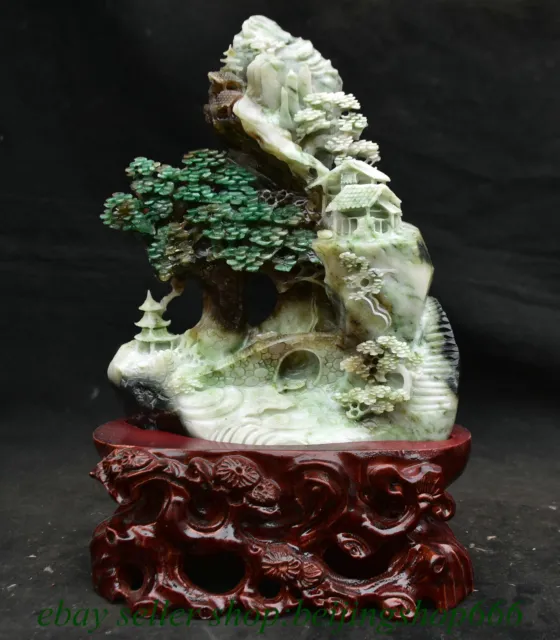 12.8" Chinese Natural Dushan Jade Carved Mountain Tree Bridge House Statue