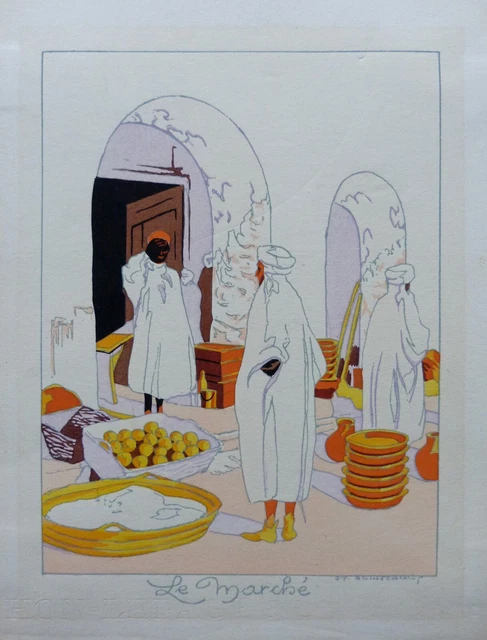 Georges Guinegault (1893-1983) Pochoir Le Marche Au Maroc Signe Dans La Planche