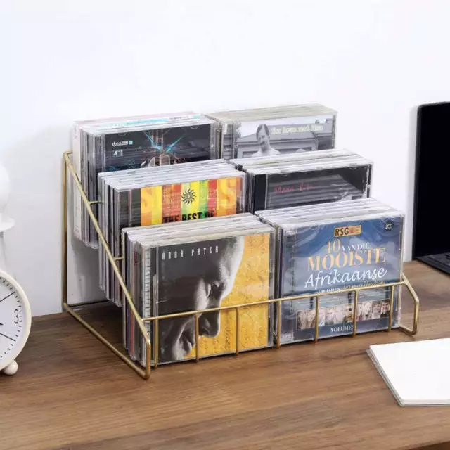 Modern Disc Organizer Display Stand, 3 Tier Brass Tone CD Holder Storage Rack