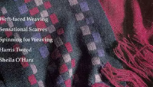 Handwoven magazine sept/oct 1989: scarves, rugs, runner, purse, pillows, shawl +