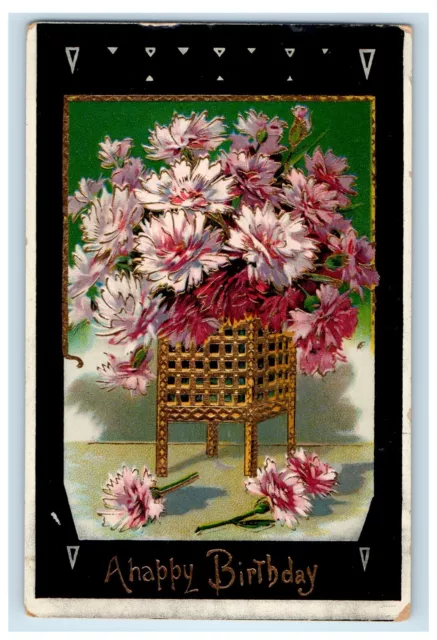 c1910's Birthday Greetings Pink Flowers Bouquet Gel Gold Gilt Embossed Postcard