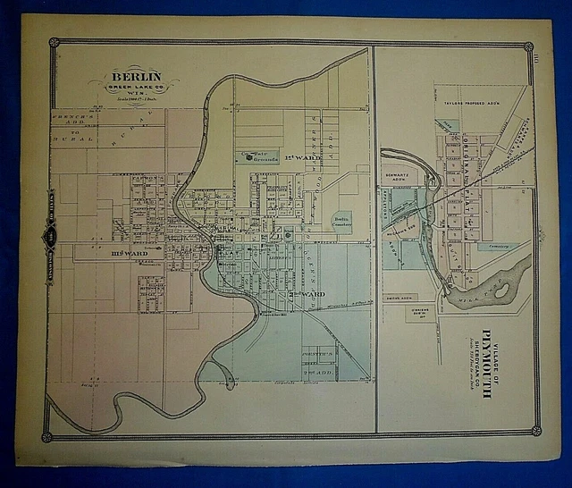 ANTIQUE 1878 MAP ~ MARQUETTE Co. - BERLIN - PLYMOUTH, WISCONSIN ~ Old ...