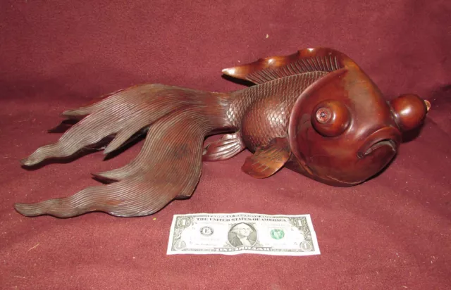 Large Old or Antique Chinese Hardwood Carving Sculpture of Koi