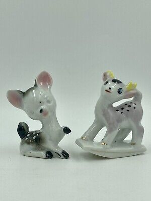 Two vintage porcelain deer fawn figures 1950s Japan kitsch retro rocking MCM