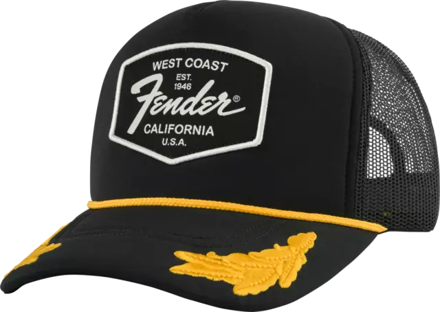 Sombrero de camionero Fender en negro con parche de la costa oeste de Fender y huevos revueltos