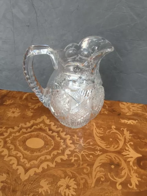 Antique American Brilliant Cut Glass Crystal Pitcher #208 Triple Notch