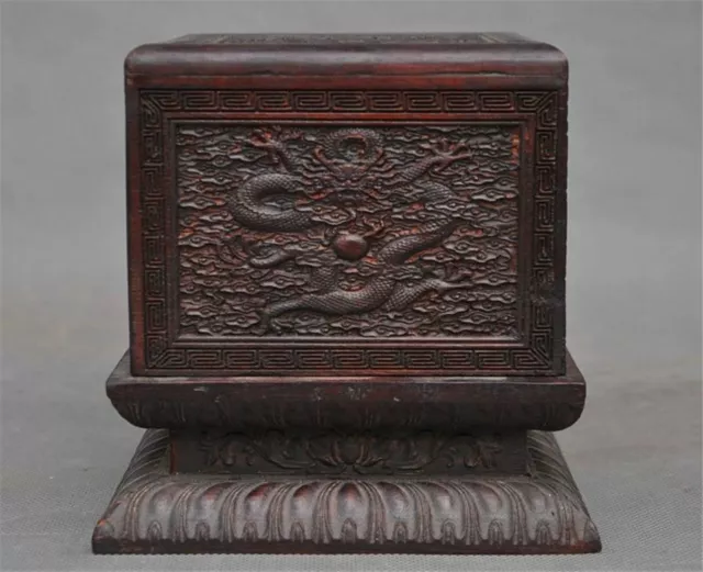 6" Old Chinese Huanghuali Wood Hand-Carved 5 Dragon Ancient Seal Stamp Box Boxes