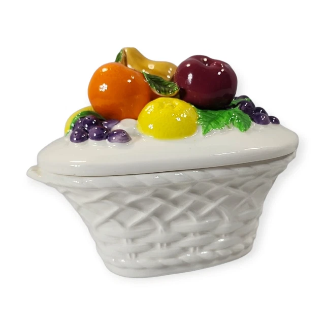 VINTAGE RAISED FRUITS Lidded Ceramic White Basket Bowl Dish Made in