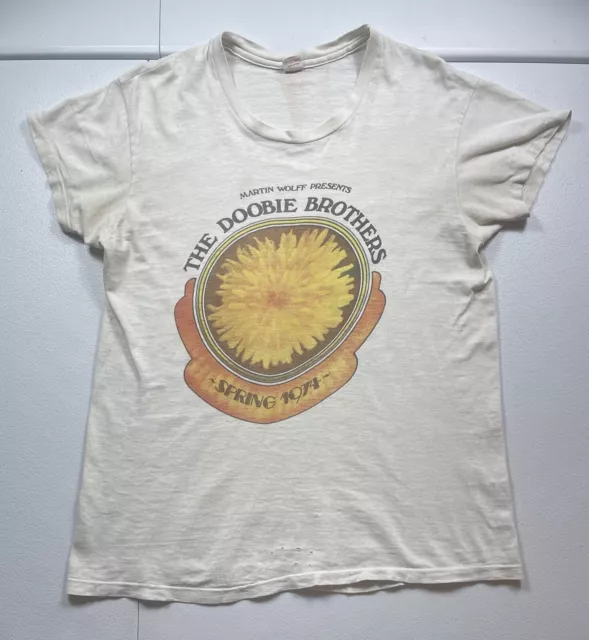 Vintage The Doobie Brothers Band Shirt Mens L White Spring Tour Marty Wolff 1974