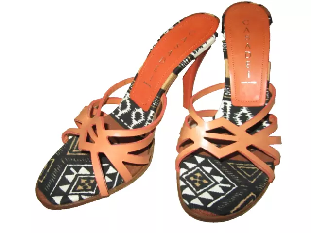 Casadei Open Toe Coral Aztec Print Sandals Size 6B US Stiletto Heels Shoes