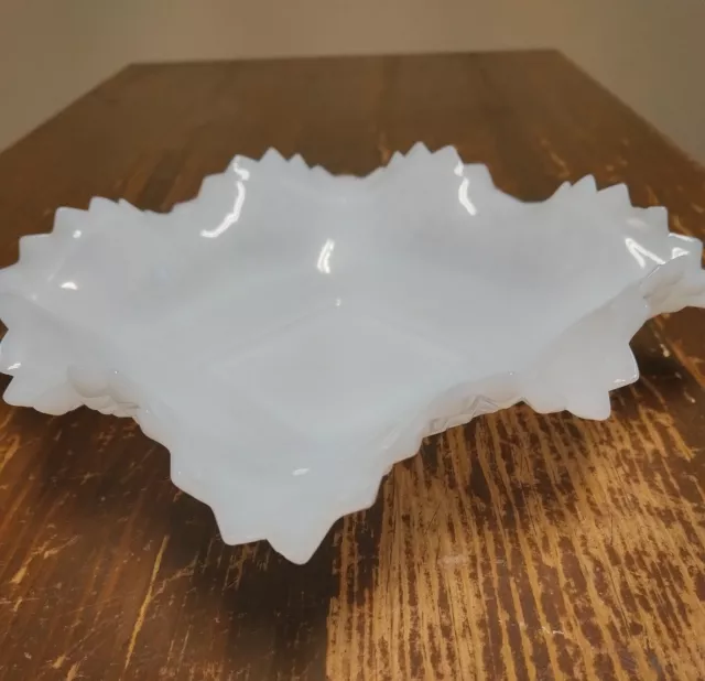 Vtg Wh. Milk Glass Ruffled Sawtooth Edge Diamond Cut Candy Dish 6”