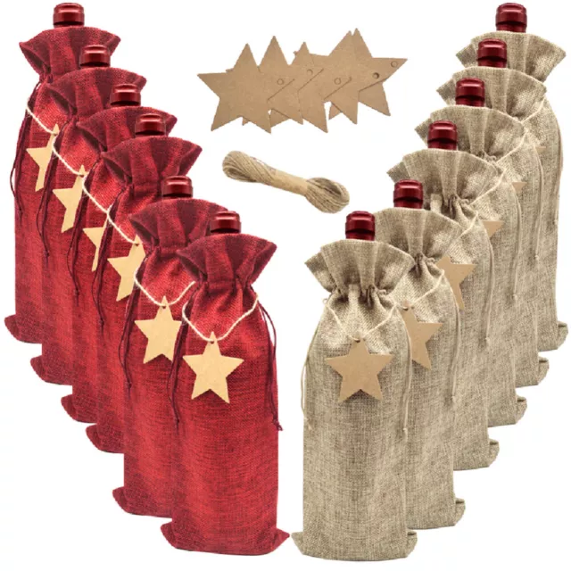 12X Reusable Burlap Wine Bottle Cover Bags Drawstring Christmas Gift Pouch+Tags