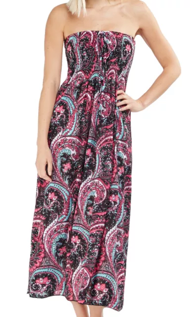 Shirred Elasticated Bandeau Strapless Paisley Print Maxi Dress XL (UK 12-14)