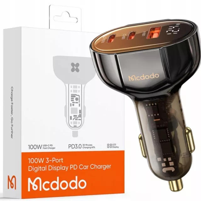 Chargeur de voiture, Mcdodo, USB/USB-C, PD 100W LCD, marron