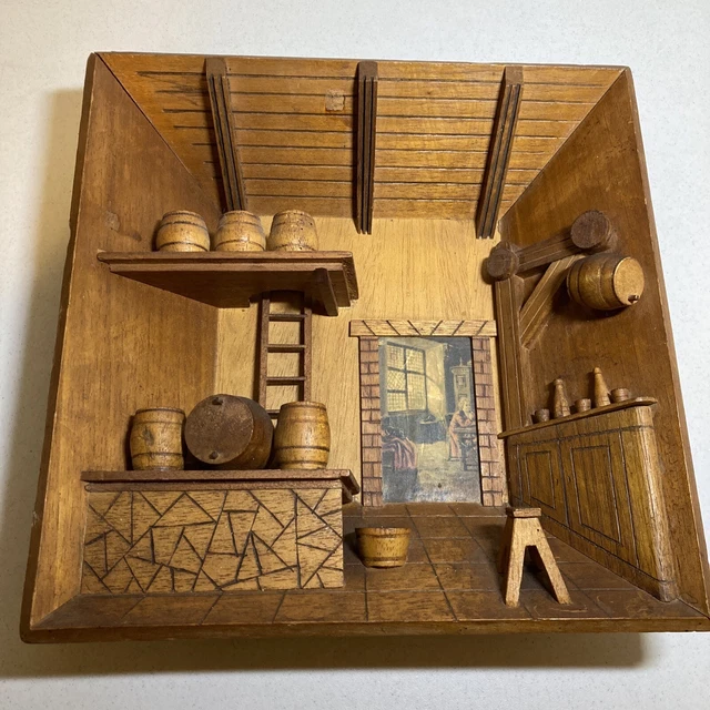 VINTAGE 3D GERMAN Wood Diorama Shadow Box Hand Carved Art . Cl 25.00