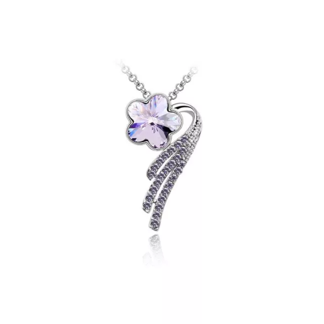 Women's Flower Petal Pendant Necklace Jewellery Purple Crystal Stone Gift UK
