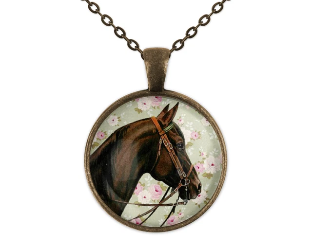 Horse Art Glass Pendant Necklace Bronze New 20 Inch Chain Cowboy Cowgirl Western