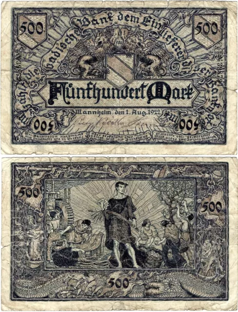 Banknote 500 Mark 1922 Mannheim Badische Bank BAD-7b Ro.710 P-S909