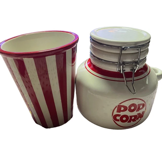 Ceramic Popcorn Bucket & Popcorn Storage Canister Red White