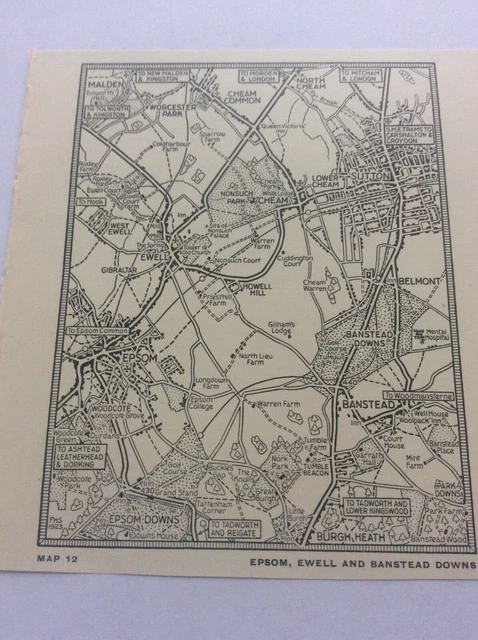Epsom Ewell Banstead Downs c1920 Antique Map London South of the Thames 5x4”