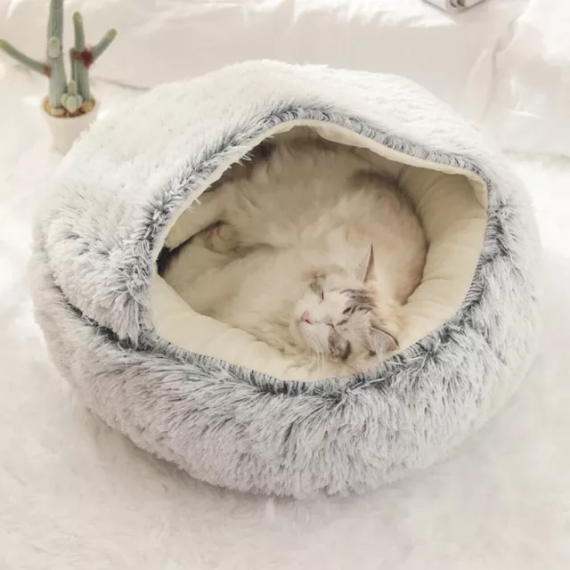 Cat Bed Cave Round Plush Fluffy Hooded Cat Bed Donut Self Warming Pet Dog Bed