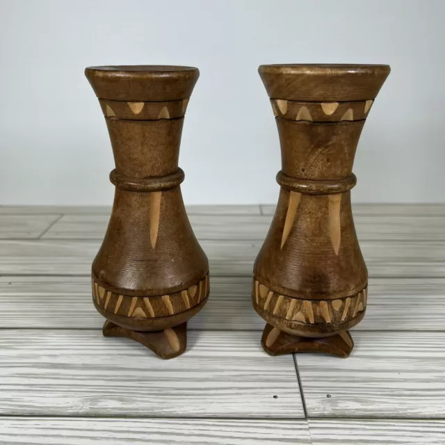 Vintage Pair Of Hand Carved Wood MCM Wooden Candle Stick Holders 5-3/4” Tall
