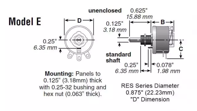 Ohmite RES2K5, 2.5K Ohm 12.5 Watt Power Rheostat 1/8" Shaft 12.5W 3