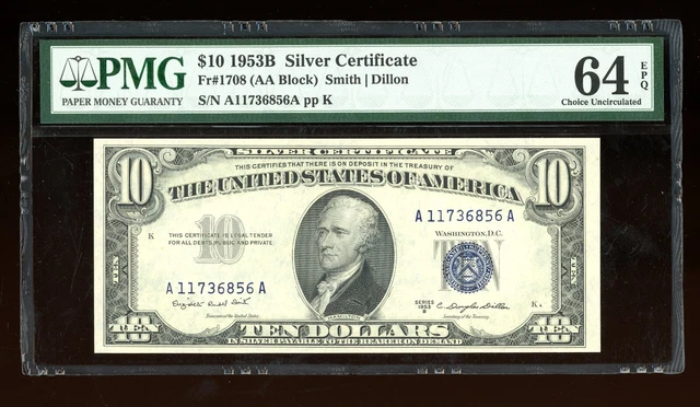 DBR 1953-B $10 Silver Fr. 1708 PMG 64 EPQ Serial A11736856A