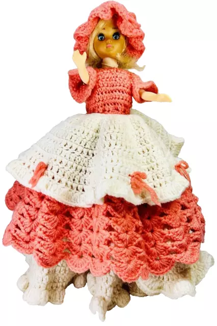 HANDMADE 5-Layered CROCHETED Doll DRESS & Bonnet. Pink & White - (6 Pieces)