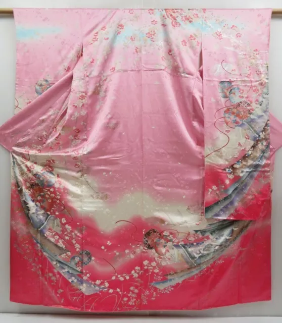 3311T01z1080  Japanese Kimono Silk FURISODE Hand drum Pink
