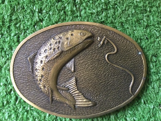 Solid Brass Belt Buckle, Trout Fish & Fly Bait, Astamar Boston, 3.25 x 2.25 inch