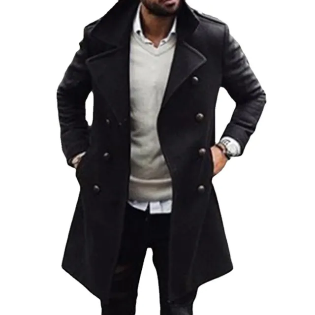Winter Men Casual Double Breasted Black Trench Coat Youth Woolen Mid Long Jacket