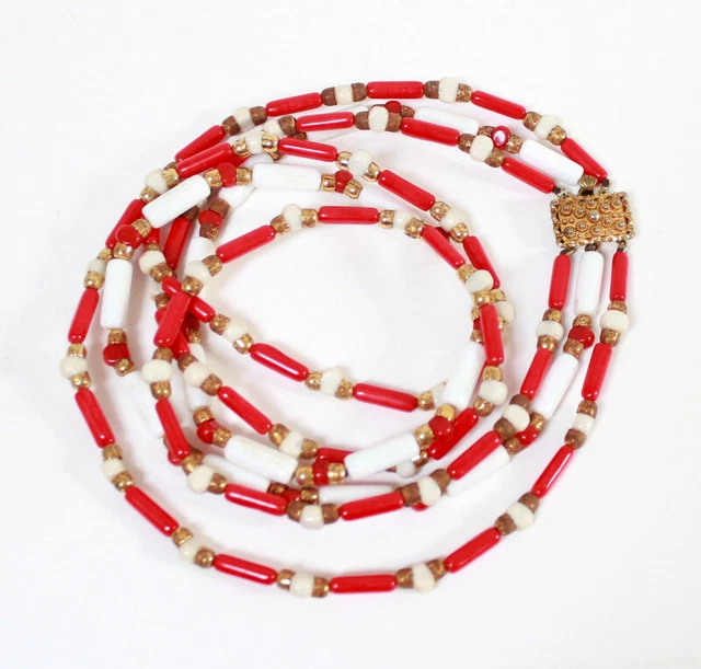 Collier Vintage 3 Rangs Rouge Et Blanc Années 60 – Occasion, Bon état Avec Traces Du Temps