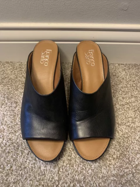 Franco Sarto Womens Shoes 8 M Black Leather Slides Asymmetrical Wedge Peep Toe