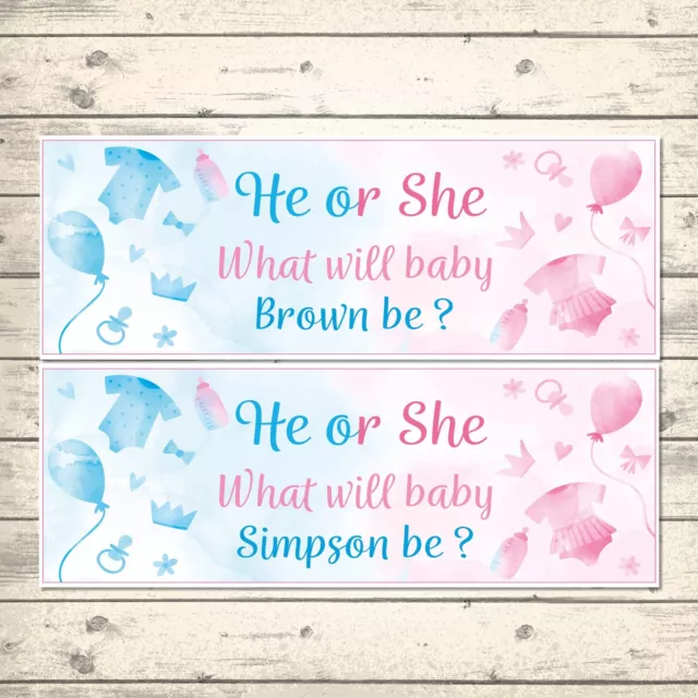 2 PERSONALISED GENDER REVEAL BANNERS - BOY OR GIRL?  770 x 300mm PINK&BLUE