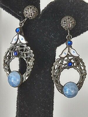 Renaissance Revial Motif 1919 Metal Enamel Cobalt Blue Moon Stone Cab Earrings