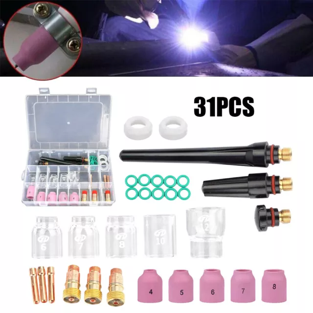 31Pcs For WP-17/18/26 TIG Welding Torch Stubby Gas Lens Pyrex Glass Cup Kit UK