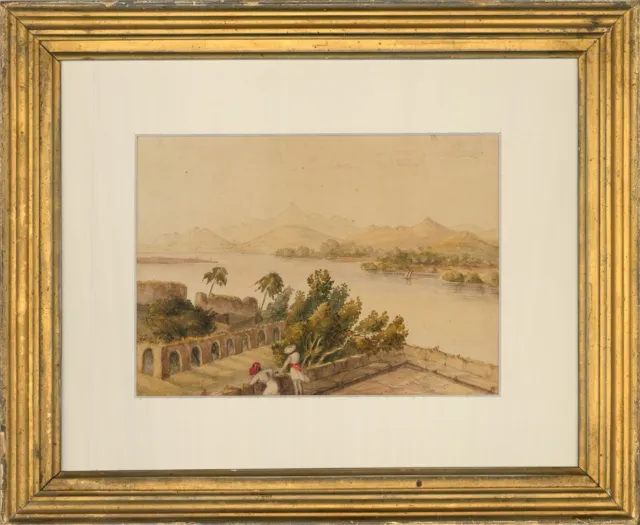 Framed Mid 19th Century Watercolour - River Scene with Figures