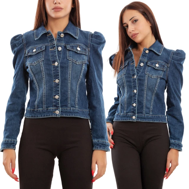 GIACCA DI JEANS donna denim casual giacchetto maniche sbuffo