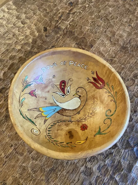 Folk Art Hand Painted Burned  And Turned Wooden Bowl Dove Of Peace Signed.