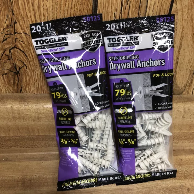 2 Pack Toggler 50125 SnapSkru Self-Drilling Drywall Anchors, 3/8-5/8” 20pc New