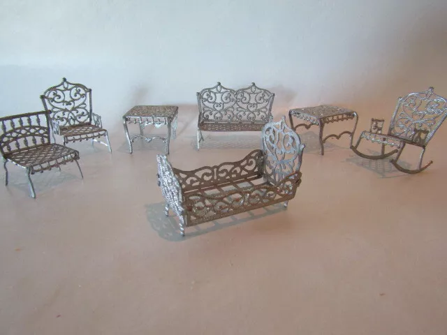 Antique 7-pc Adrian Cooke Dollhouse Furniture Parlor Set 1/2" Scale Soft Metal