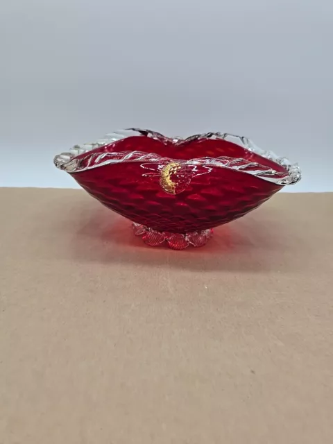 Vintage Salviati Murano Venetian Red Glass Bowl Applied Prunt w/ Gold Aventurine