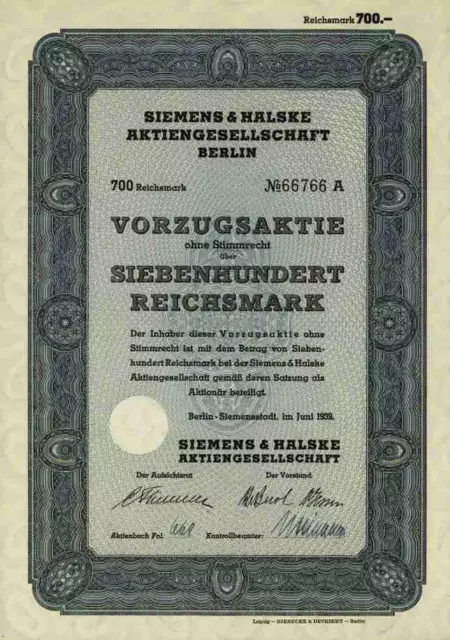 SIEMENS & HALSKE Schuckertwerke 1939 Nixdorf Berlin Nürnberg Erlangen 700 RM VZ