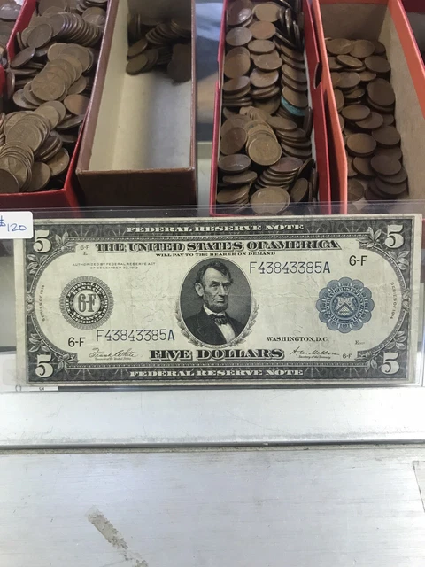 1914 $5 Five Dollars Blue Seal Large Size Federal Reserve Note Atlanta Georgia