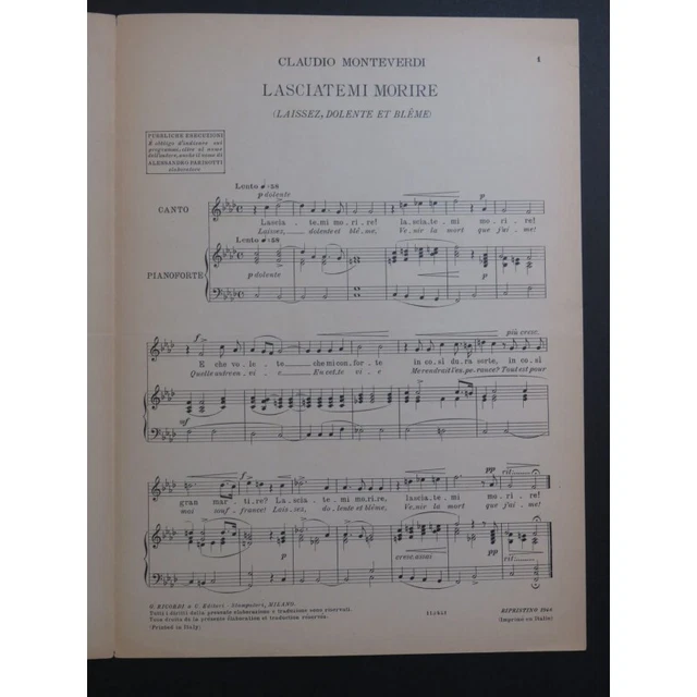 MONTEVERDI Claudio Lasciatemi Morire Chant Piano 1946 3